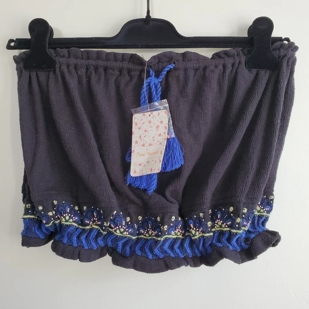NWT Free People No More Tears Embroidered Front Tie Tassle Tube Bandeau Top Sz M
